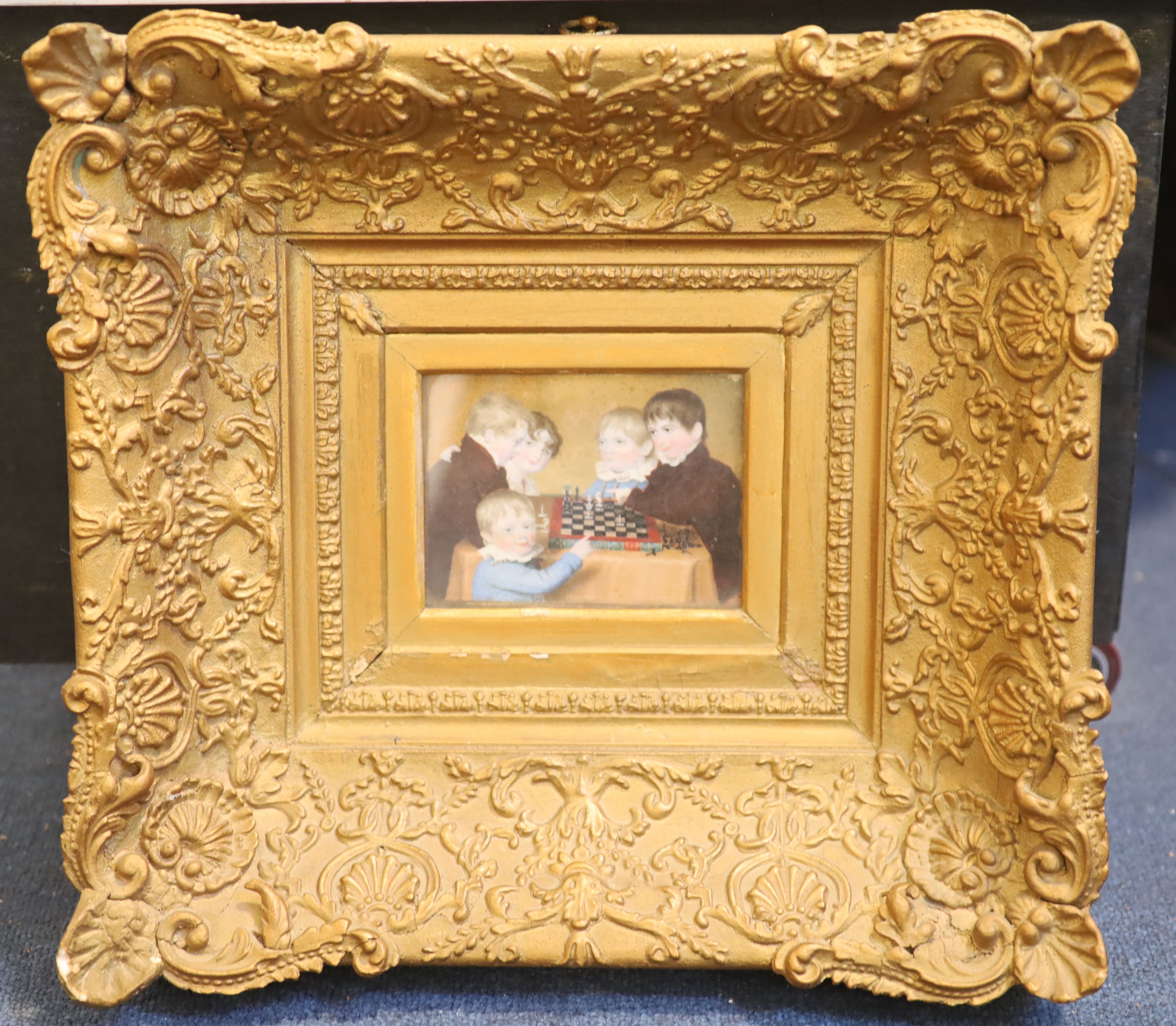 Early 19th century English School Miniature family portrait of the children of the Watts family playing chess 4 x 5.25in.